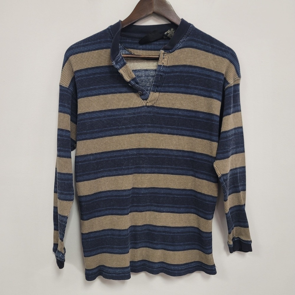 Santana Men Y2K Waffle Knit Themal Henley Shirt Size XL Striped Baselayer Winter